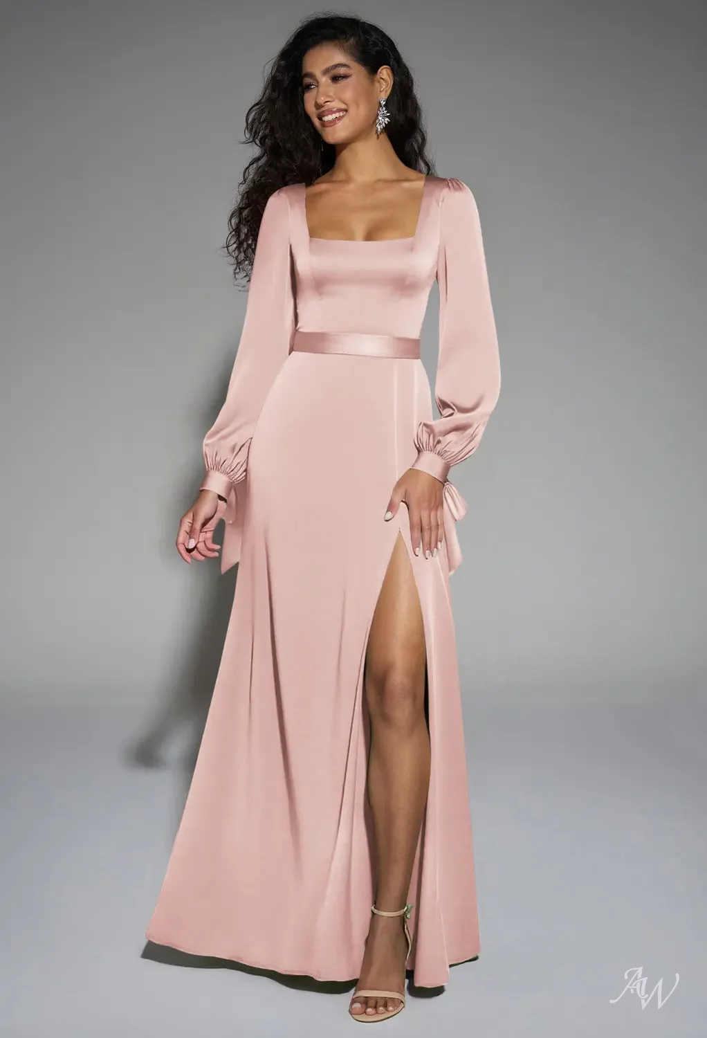AW Rose Dress, Dark Navy Satin Charmeuse Floor Length Square